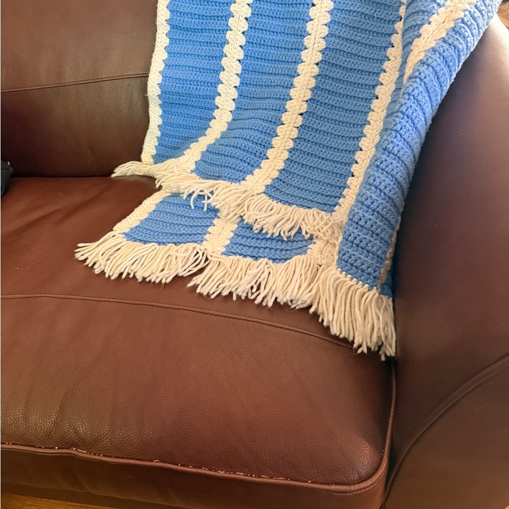 Granny core Blue and White Striped Knit Throw Blanket